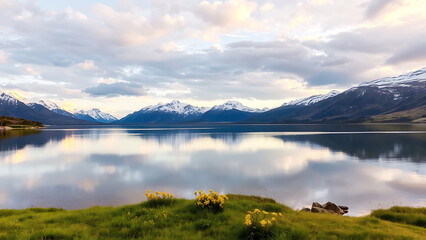 Scenic lake surrounded by snow capped mountains and clear skies calm waters reflecting sky peaceful and tranquil landscape beautiful nature view