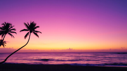 Silhouette of palm trees at sunset, tropical paradise with vibrant sky, serene and peaceful beach scene, vacation getaway