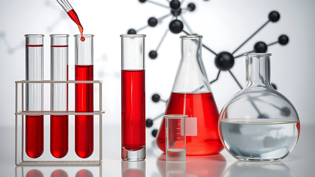 Science laboratory equipment with red liquid, chemical research concept in a scientific environment, test tubes and beakers