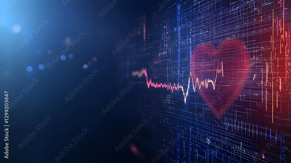 Poster digital heart display with red and blue hues displaying data and electronic waveform
