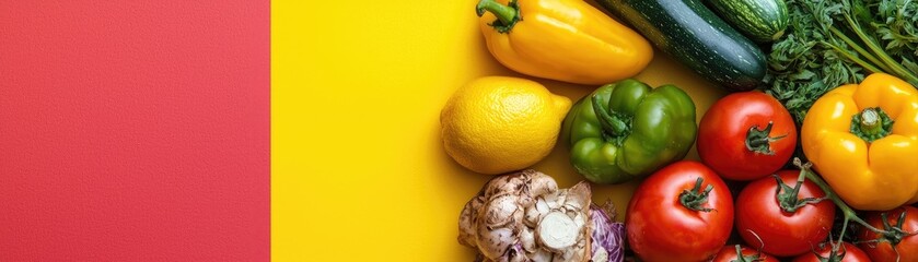 Colorful veggies & lemon on yellow, red background. Healthy food banner
