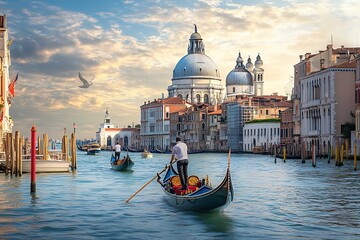 Gondola on the Grand Canal and Basilica di Santa Maria della Salute in Venice, Italy
