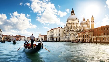 Gondola on the Grand Canal and Basilica di Santa Maria della Salute in Venice, Italy