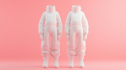 Two headless futuristic figures in minimalist white suits on pink background