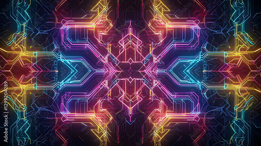 Poster abstract digital circuitry design with symmetrical neon light pattern against black background