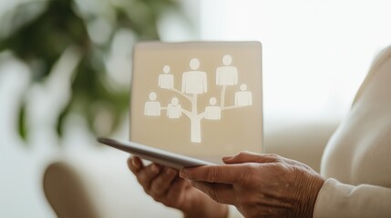 Digital connection: hands holding tablet with family tree illustration for modern networking concept