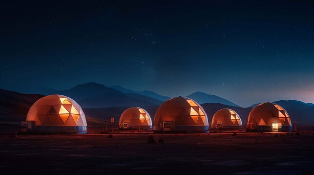 A Mars base at night, with glowing windows in the habitat domes
