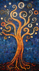 A tree of life with many branches and leaves, the tree is made from a glass mosaic art style
