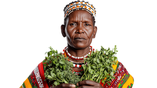 Traditional healer in vibrant attire herbal remedies studio setting close-up cultural wisdom and healing