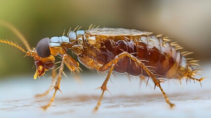 Fototapeta premium Minuscule Flea captured in extreme detail its powerful hind legs coiled like springs segmented body ready to leap sharp mouthparts designed for piercing skin