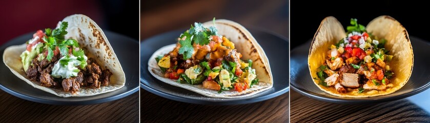 Three Variations of Tacos Close up of Savory Tacos with Fresh Ingredients on Dark Backgrounds and Plateware Selection. Variety of Tacos with Different Toppings and Flavors.  Delicious Meal Options
