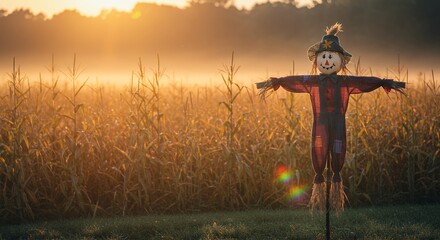 Scarecrow Standing in Cornfield at Sunrise with Misty Golden Light Perfect Autumnal Scene