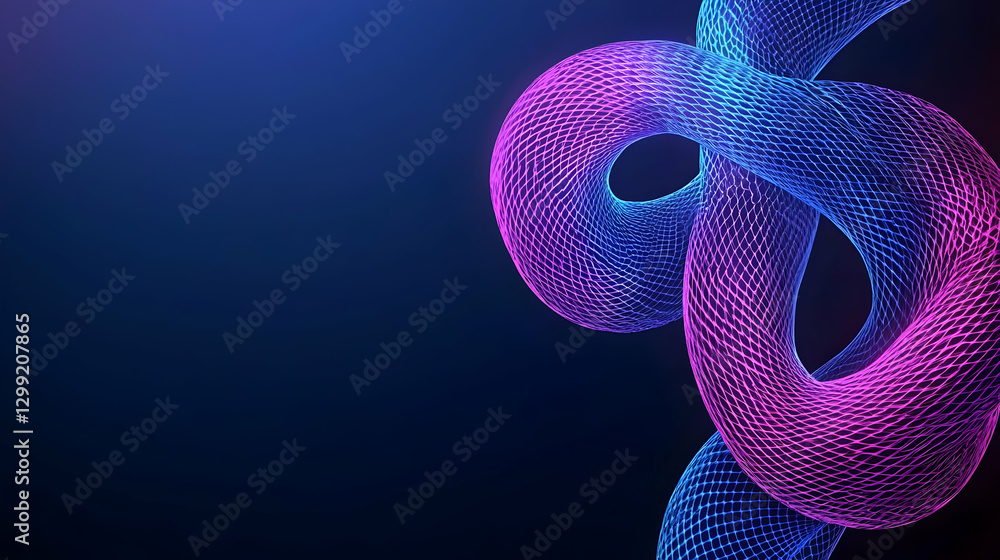 Poster abstract digital artwork of a glowing twisted loop shape on a dark blue background
