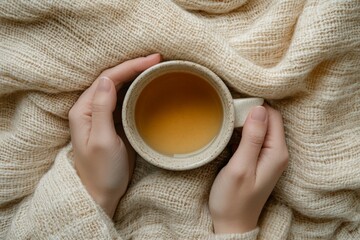 Warm hands cradle a ceramic tea cup, wrapped in a soft knitted blanket, creating a cozy winter moment. Comfort radiates through the warm drink, evoking relaxation and serenity.
