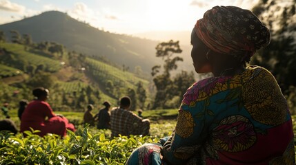 Workers Picking Tea Leaves in Colorful Clothing at Sunset in Kenya