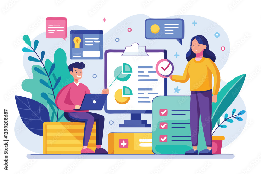 Poster a colorful illustration depicting individuals engaging in a customizable onboarding process with cha