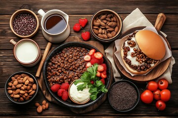 Delicious amaranth porridge served with fresh strawberries, almonds, and side of creamy yogurt, creating healthy, vibrant breakfast option. Concept features amaranth porridge