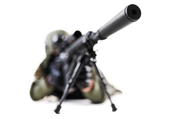 Tactical marksman taking aim with a sniper rifle and wearing specialized gear