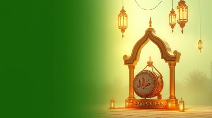 Ramadan Mubarak Greeting Card with Drum and Lanterns