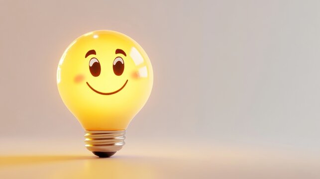 Happy lightbulb smiles on plain background