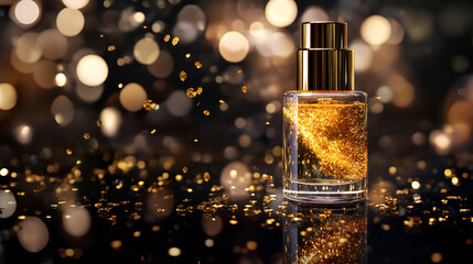 A glittery gold perfume bottle resting on a shiny surface, capturing light beautifully.