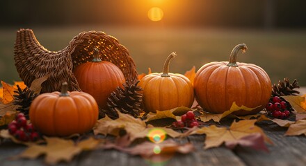 Autumn Harvest Scene with Pumpkins and Cornucopia at Sunset