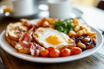 Full English Breakfast on a White Plate with Soft-Focus Background of UK Cafe Scene