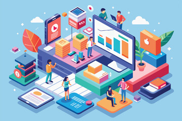A vibrant isometric illustration depicts customizable online ads along with analytics and digital marketing elements, Online ads Customizable Isometric Illustration