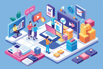 Obraz premium A vibrant isometric illustration showcases various online ads customization activities in a digital environment, Online ads Customizable Isometric Illustration