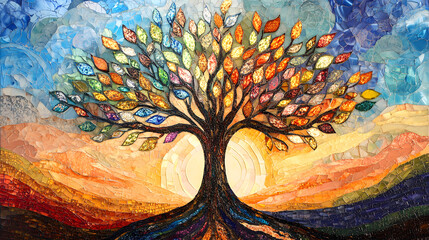 A tree of life with many branches and leaves, the tree is made from a glass mosaic art style
