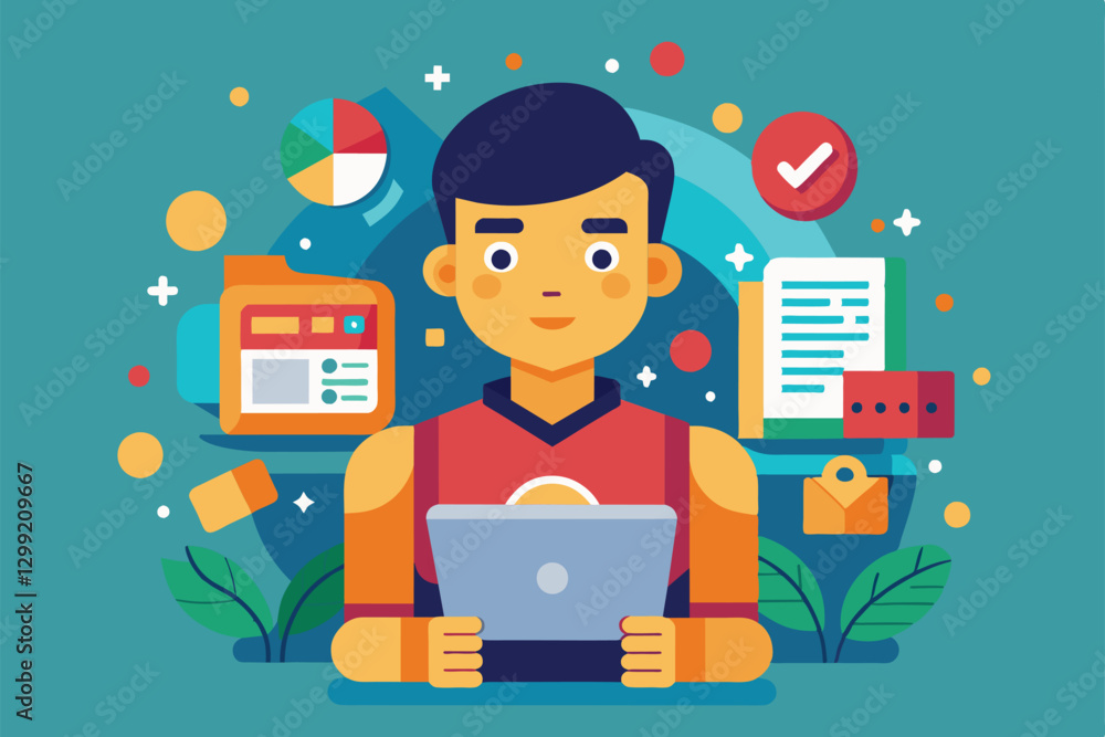 Aufkleber a person engaged in customizing an online article, surrounded by vibrant digital elements displaying