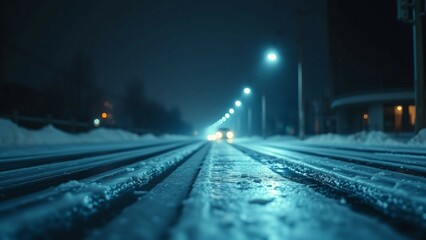 Close-up view of slippery ice road during winter night