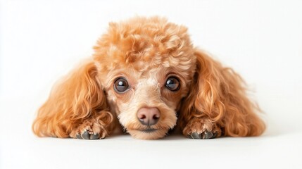Cute Poodle Puppy with Curly Fur, Eyes Peeking Out, Playfully Posing for Studio Photoshoot against White Background