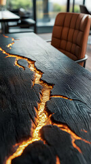 Crafting a unique wooden table with glowing resin accents, blending natural materials and modern design in a stylish indoor setting