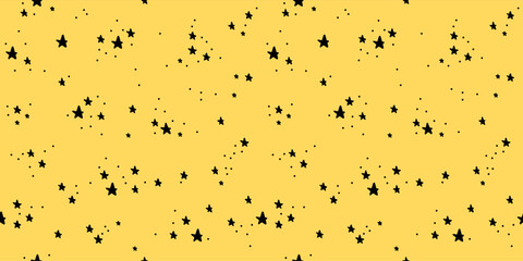 Seamless pattern with black stars and dots on a yellow background. Playful celestial inspired design, perfect for fabric, wrapping paper, wallpapers, branding, invitations, and digital projects.