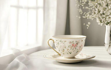 Fototapeta premium Delicate tea cup on a graceful table with soft curtains and a floral arrangement, capturing a tranquil afternoon in a cozy setting perfect for relaxation and enjoyment