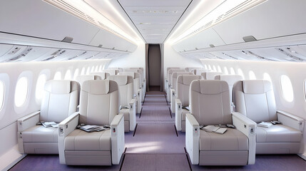 Fototapeta premium Modern Airplane Interior with White Seats and Overhead Lighting Aisle View