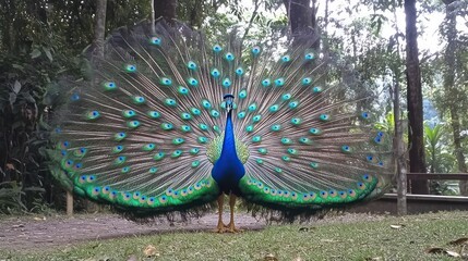 Obraz premium Peacock displays plumage, forest background, nature park, wildlife photography