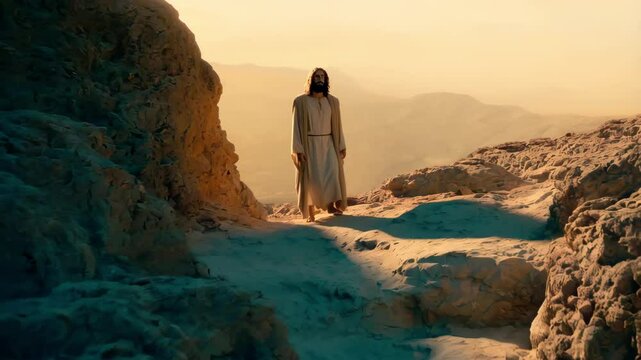 Jesus climbs mountain path his steps are calm and purposeful. Jesus looks ahead. Jesus calls to follow him to heights of faith and power