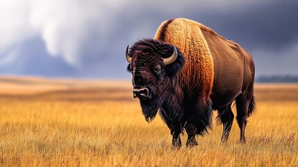 Mighty Bison standing tall in a golden prairie its thick fur rustling in the wind with a dramatic storm brewing in the distance