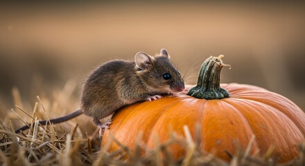 Mouse on Pumpkin Fall Harvest Scene in Nature with Cute Rodent and Organic Produce