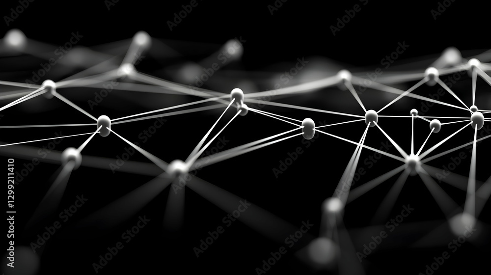 Poster abstract network of interconnected nodes and lines in black and white on dark background