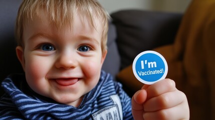 Young Child Holding Vaccination Sticker While Smiling in Close-Up