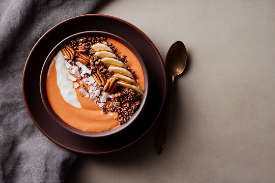 Creamy smoothie bowl with granola, banana slices, pecans, and coconut flakes in brown bowl