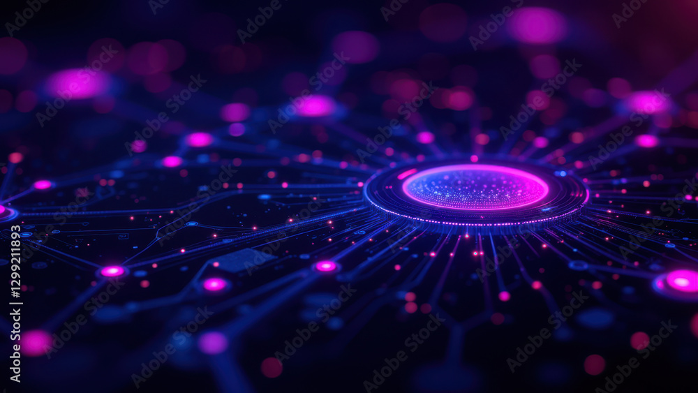 Poster digital abstract representation of a network or cluster with purple hues, reminiscent of cloud compu