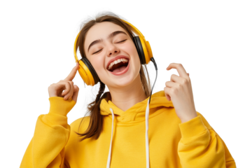 Joyful young woman enjoying music while singing into a microphone with enthusiasm, dressed in a vibrant yellow hoodie