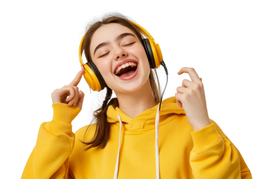 Joyful young woman enjoying music while singing into a microphone with enthusiasm, dressed in a vibrant yellow hoodie
