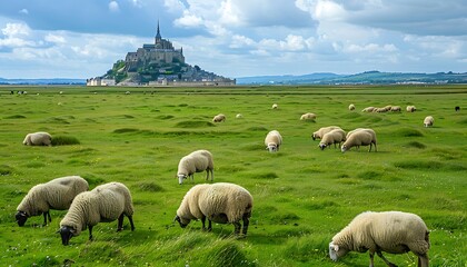 Fototapeta premium Sheep in a meadow with a view of Mont Saint Michel