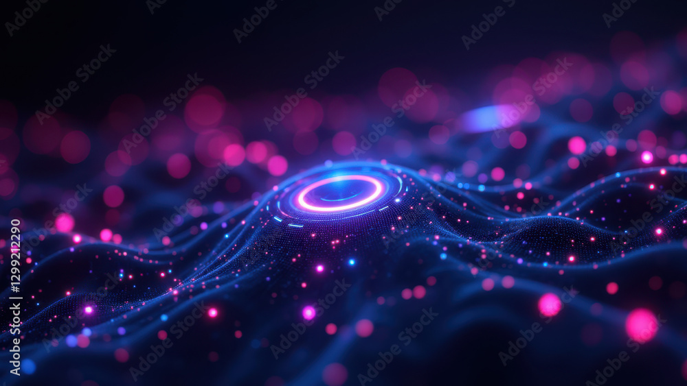 Poster Futuristic abstract digital cloud cluster with bright lights. Ci/cd DevOps theme.