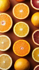 Colorful citrus fruit slices arranged on brown background.  Food photography for recipe, magazine, or advertisement